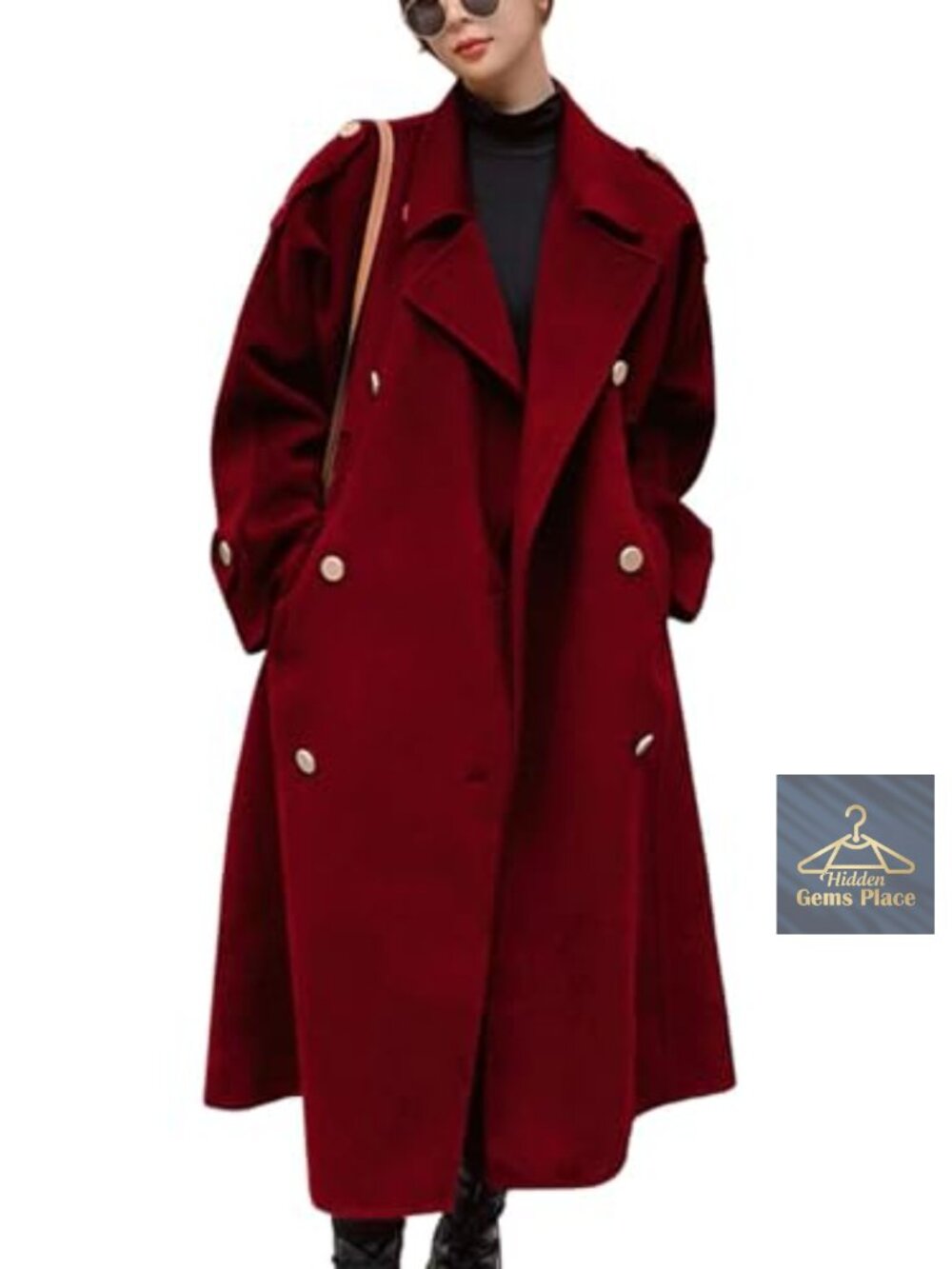 Wool Blend Double Breasted Midi Pea Coat Notch Lapel Long Sleeve